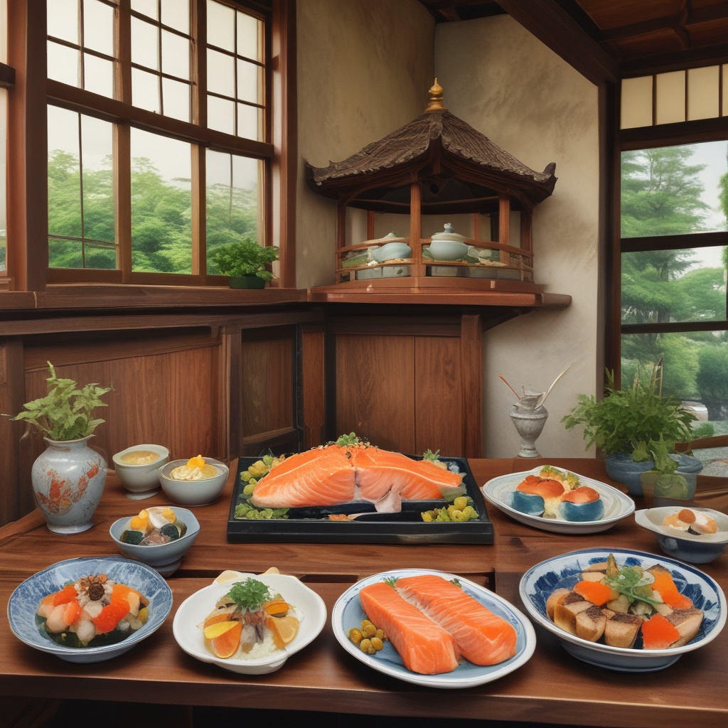 Exquisite salmon dish in traditional Japanese house